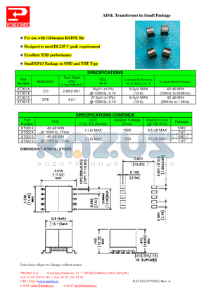 XT0014 datasheet - ADSL Transformer in Small Package