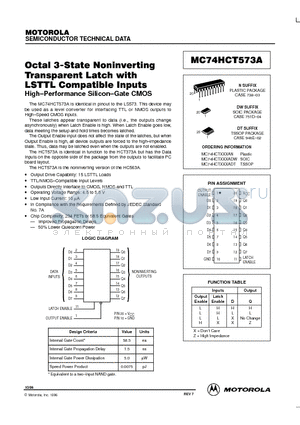 MC74HCT573ADW datasheet - Octal 3-State Noninverting Transparent Latch with LSTTL Compatible Inputs
