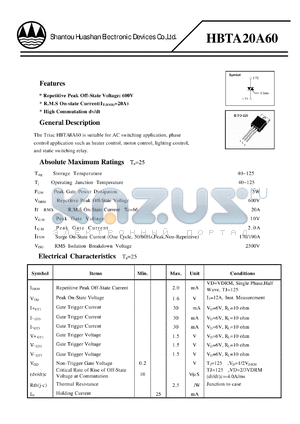 HBTA20A60 datasheet - INNER INSULATED TYPE TRIAC (II TO-220 PACKAGE)