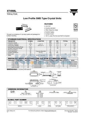 XT49ML datasheet - Low Profile SMD Type Crystal Units