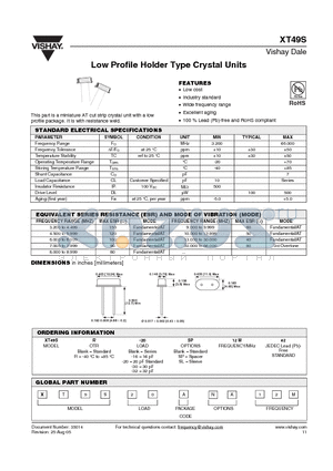 XT49S datasheet - Low Profile Holder Type Crystal Units