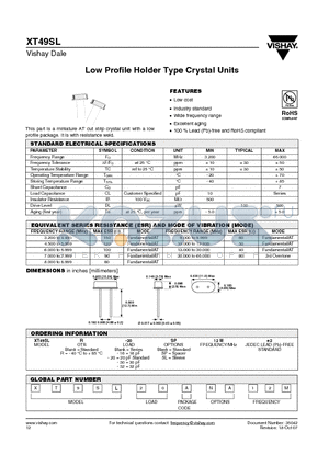 XT49SL datasheet - Low Profile Holder Type Crystal Units