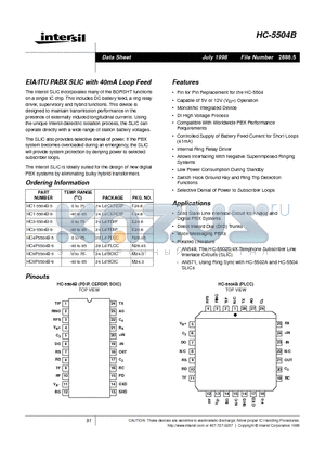 HC1-5504B-9 datasheet - EIA/ITU PABX SLIC with 40mA Loop Feed