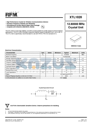 XTL1020 datasheet - High Performance Crystal for Wireless Communications Devices