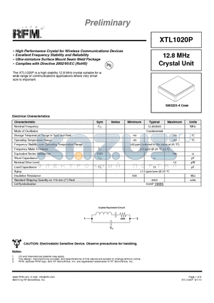 XTL1020P datasheet - High Performance Crystal for Wireless Communications Devices