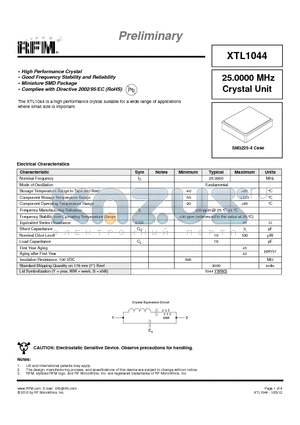 XTL1044 datasheet - High Performance Crystal