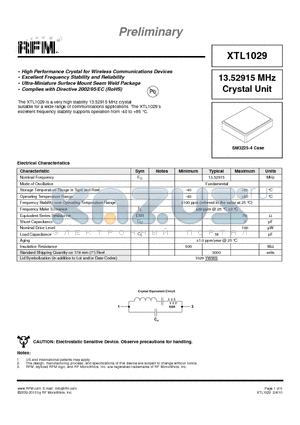 XTL1029 datasheet - High Performance Crystal for Wireless Communications Devices