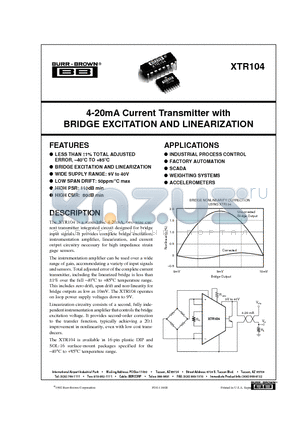 XTR104 datasheet - 4-20mA Current Transmitter with BRIDGE EXCITATION AND LINEARIZATION