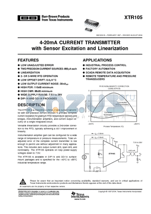 XTR105UA datasheet - 4-20mA CURRENT TRANSMITTER with Sensor Excitation and Linearization