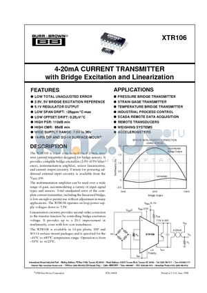 XTR106PA datasheet - 4-20mA CURRENT TRANSMITTER with Bridge Excitation and Linearization