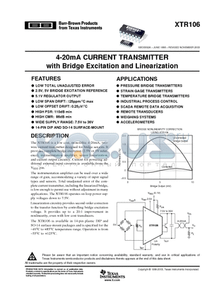 XTR106PA datasheet - 4-20mA CURRENT TRANSMITTER with Bridge Excitation and Linearization