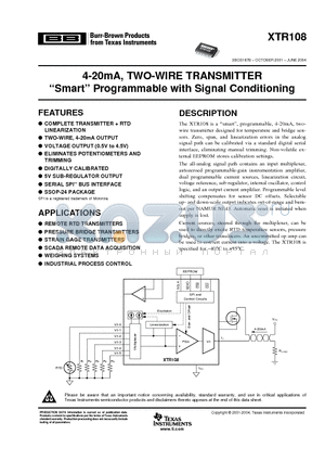 XTR108 datasheet - 4-20mA, TWO-WIRE TRANSMITTER Smart Programmable with Signal Conditioning