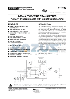 XTR108EA datasheet - 4-20mA, TWO-WIRE TRANSMITTER Smart Programmable with Signal Conditioning