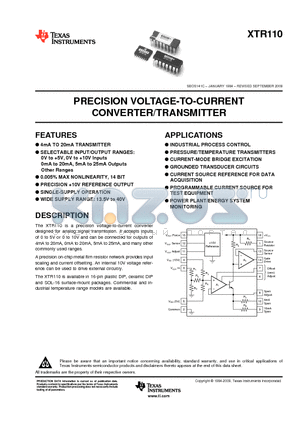XTR110AG datasheet - PRECISION VOLTAGE-TO-CURRENT CONVERTER/TRANSMITTER