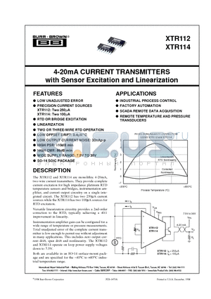 XTR112 datasheet - 4-20mA CURRENT TRANSMITTERS with Sensor Excitation and Linearization