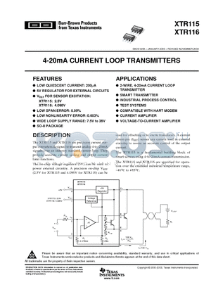 XTR115 datasheet - 4-20mA CURRENT LOOP TRANSMITTERS