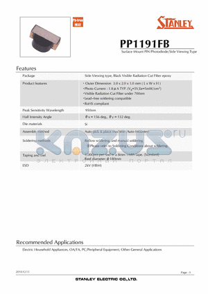 PP1191FB datasheet - Surface Mount PIN Photodiode/Side Viewing Type