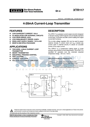 XTR117AIDGKT datasheet - 4-20mA Current-Loop Transmitter