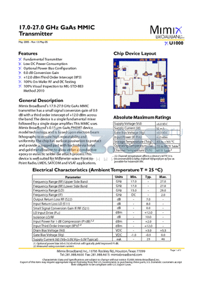 XU1000 datasheet - 17.0-27.0 GHz GaAs MMIC Transmitter