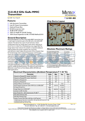 XU1001-BD-EV1 datasheet - 33.0-40.0 GHz GaAs MMIC Transmitter