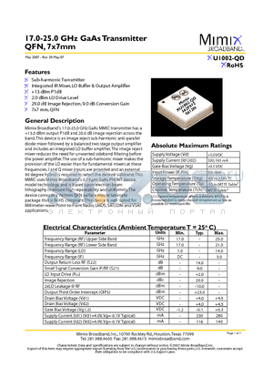 XU1002-QD-EV1 datasheet - 17.0-25.0 GHz GaAs Transmitter QFN, 7x7mm