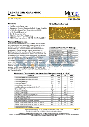 XU1004-BD datasheet - 32.0-45.0 GHz GaAs MMIC Transmitter