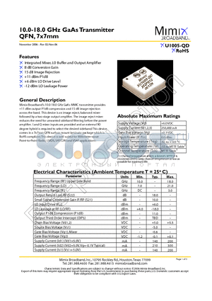 XU1005-QD-0N00 datasheet - 10.0-18.0 GHz GaAs Transmitter QFN, 7x7mm