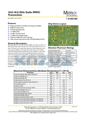 XU1005-BD-EV1 datasheet - 10.0-18.0 GHz GaAs MMIC Transmitter