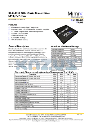 XU1006-QB-EV1 datasheet - 36.0-42.0 GHz GaAs Transmitter SMT, 7x7 mm