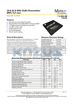 XU1006-QB_07 datasheet - 36.0-42.0 GHz GaAs Transmitter SMT, 7x7 mm