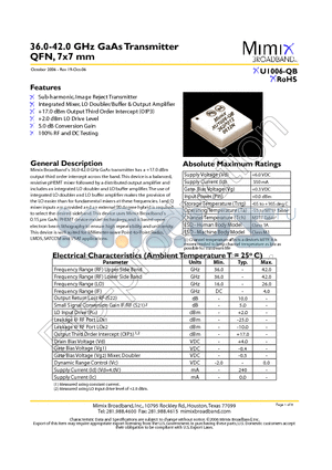 XU1006-QB-0L00 datasheet - 36.0-42.0 GHz GaAs Transmitter QFN, 7x7 mm