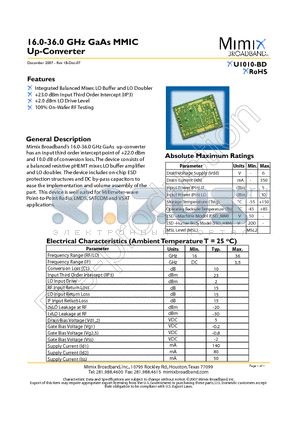 XU1010-BD datasheet - 16.0-36.0 GHz GaAs MMIC Up-Converter