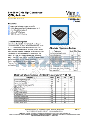 XU1014-QH datasheet - 8.0-18.0 GHz Up-Converter QFN, 4x4mm