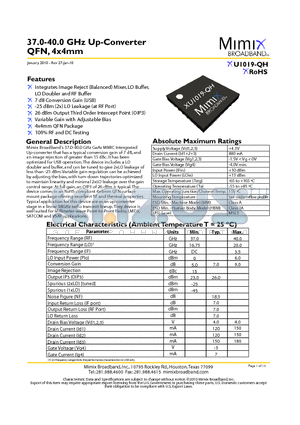 XU1019-QH-0G00 datasheet - 37.0-40.0 GHz Up-Converter QFN, 4x4mm