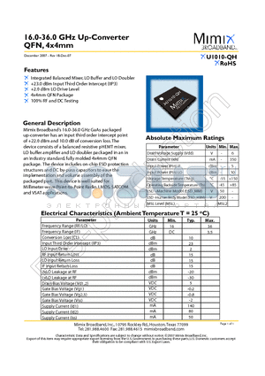 XU1010-QH datasheet - 16.0-36.0 GHz Up-Converter QFN, 4x4mm