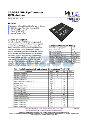 XU1010-QH-0G00 datasheet - 17.0-34.0 GHz Up-Converter QFN, 4x4mm