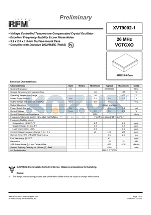 XVT9002-1 datasheet - 26 MHz VCTCXO