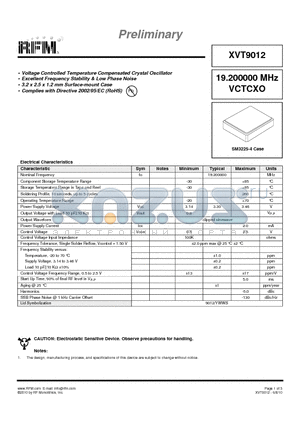 XVT9012 datasheet - Voltage Controlled Temperature Compensated Crystal Oscillator