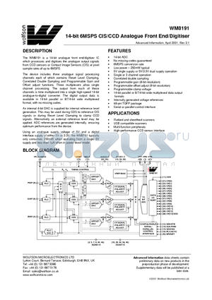 XWM8191CFT datasheet - 14-bit 6MSPS CIS/CCD Analogue Front End/Digitiser