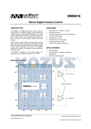 XWM8816EDW/V datasheet - Stereo Digital Volume Control