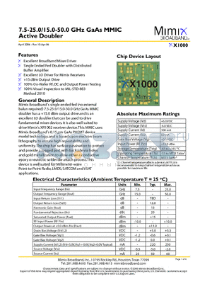 XX1000 datasheet - 7.5-25.0/15.0-50.0 GHz GaAs MMIC Active Doubler