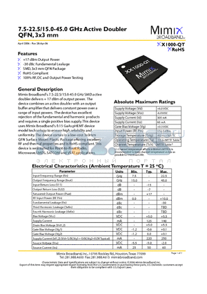 XX1000-QT datasheet - 7.5-22.5/15.0-45.0 GHz Active Doubler QFN, 3x3 mm