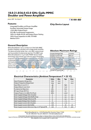 XX1001-BD-000V datasheet - 18.0-21.0/36.0-42.0 GHz GaAs MMIC Doubler and Power Amplifier