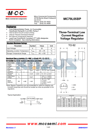 MC79L05BP-BP datasheet - Three-Terminal Low Current Negative Voltage Regulator