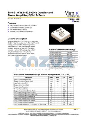 XX1001-QK datasheet - 18.0-21.0/36.0-42.0 GHz Doubler and Power Amplifier, QFN, 7x7mm