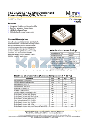 XX1001-QK_07 datasheet - 18.0-21.0/36.0-42.0 GHz Doubler and Power Amplifier, QFN, 7x7mm