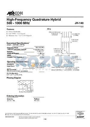 JH-140PIN datasheet - High-Frequency Quadrature Hybrid 500 - 1000 MHz