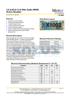 XX1002 datasheet - 2.5-6.0/5.0-12.0 GHz GaAs MMIC Active Doubler