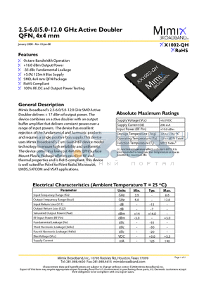 XX1002-QH-0G0T datasheet - 2.5-6.0/5.0-12.0 GHz Active Doubler QFN, 4x4 mm