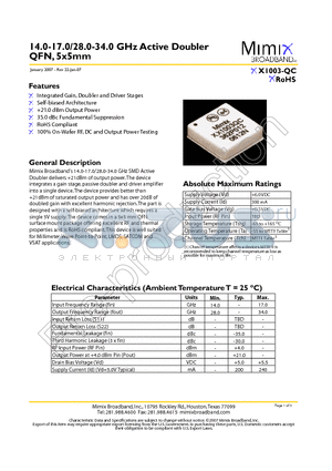 XX1003-QC-0N0T datasheet - 14.0-17.0/28.0-34.0 GHz Active Doubler QFN, 5x5mm